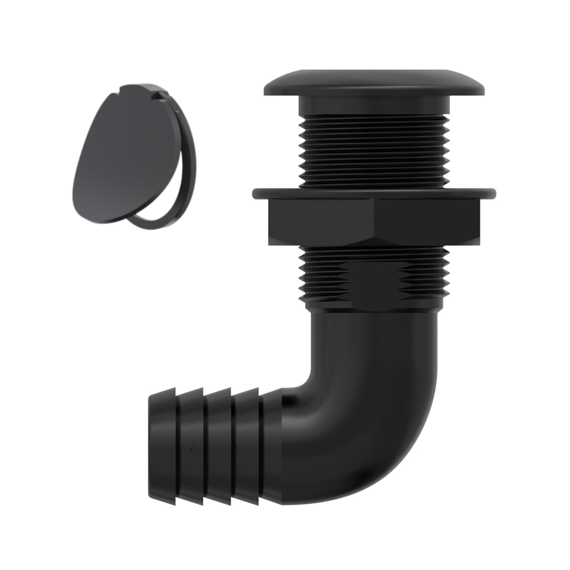 SEAFLO 3/4” 90° Angled Thru Hull Through-Hull Fitting with Built-in-Check Valve – Anti-Corrosion and Ultra-Durable for Marine, Boat, Yacht, RV, Truck - 4-Year Warranty! (3/4”, Black, 1-Pack)
