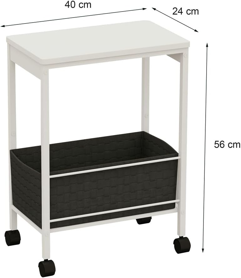 Rolling Side Table with Storage Basket, Narrow End Table on Wheels, Small Mobile Nightstand for Bedroom, Living Room, Dorm, Office, White