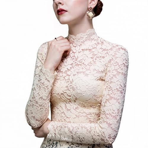 MAAYKOM Women's Sexy Slim Fitting Long Sleeved Turtleneck Pullover Bottom Shirt Mesh Lace Perspectives T-Shirt Top (US, Alpha, Small, Regular, Regular, Beige) by MAAYKOM - Used condition - Image 2
