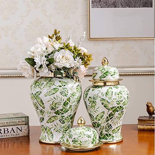 Fajos Modern Ceramic Ginger Jar With Lid Green Leaf Pattern, Traditional Decorative Porcelain Jars Temple Jar With Lids, Flower Vases Decor For Living Room Shelf Bookshelf (Size : Large) #TOP3