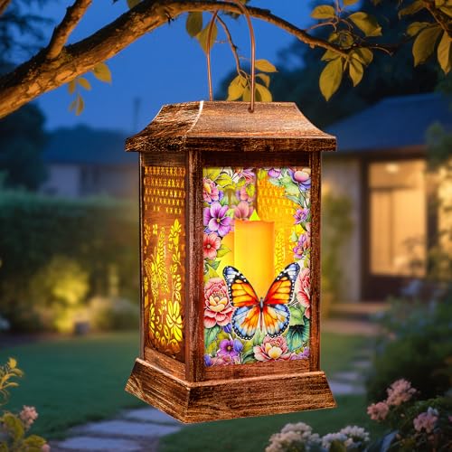 Butterfly Solar Lanterns Outdoor Waterproof, Metal & Glass Hanging Lights Garden Decor, Birthday Gifts for Women Mom Grandma Mothers Day, Decorative Lights for Outside Yard Patio Backyard Porch by yulloyello - Used condition - US$31.34