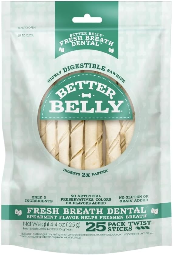 Better Belly Twists Fresh Breath, Digestible for Dogs (1 CASE of 24 Individual Packs of 4.4 OZ, Count of 25), P-94507-1