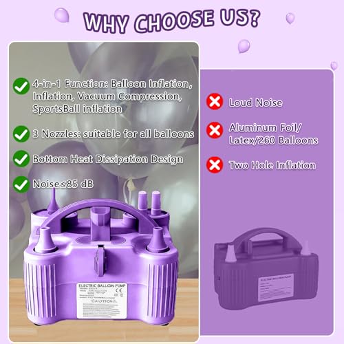 4-in-1 Electric Balloon Pump for All Balloons, Inflatables, and Sports Balls, Portable High Power Triple Inflating Ports for Latex Foil 260q Mylar Balloon（Purple） — view 6