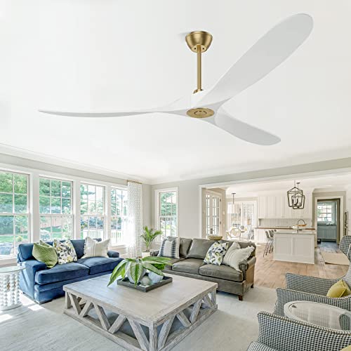 Obabala Ceiling Fan with Remote 70-Inch Outdoor Ceiling Fan with 3 White Balsa Wood Blades, Noiseless Energy Efficient DC Motor and Polished Brass for Patios, Farmhouses, Bedrooms, Living Rooms