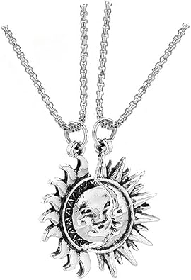 WLL Sun and Moon Matching Necklace for Couple Asymmetric Sun Moon Dangle Hoop Earrings for Women Vintage Couple BFF Pendant Necklace Valentines Day Jewelry Gifts for Women Men