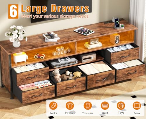 Image of Furologee TV Stand for Bedroom, 63 Inch Entertainment Center for 65 70 Inch TVs, 6 Drawers Dresser with Power Outlets and LED Lights, Media Console for Living Room, Rustic Brown