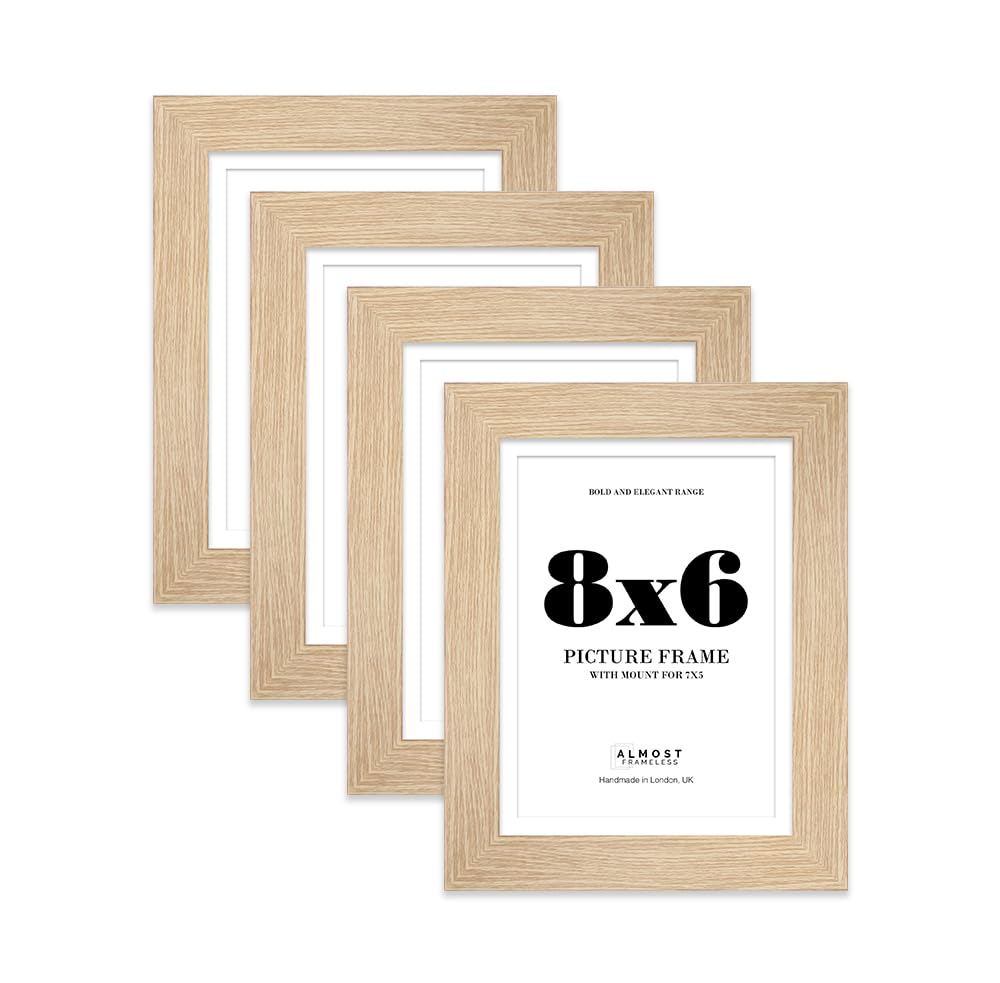 8x6" Oak Frame With Mount for 7x5" Pictures 28mm Edge Portrait and Landscape Display with Wall Hooks and Kickstand, 4 Pack