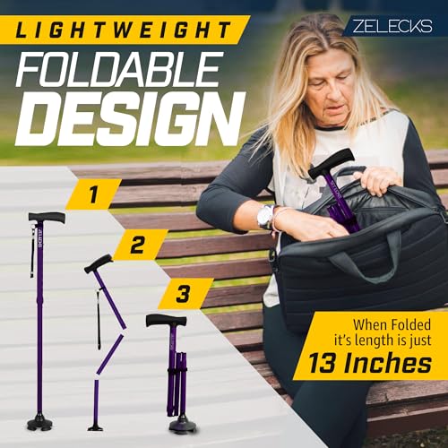 Image of ZELECKS Walking Cane for Women & Men - Self Standing Adjustable Folding Cane with T Handle and 360 Pivot Base - Lightweight Foldable Walking Stick for Seniors - Collapsible Cane for Walking