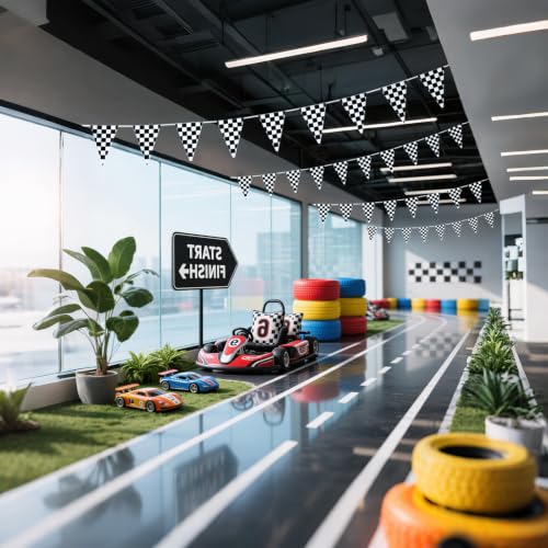 Image of Piokio 10 Meters Black and White Checkered Flag Banner - Racing Flags for Nascar Cars Birthday Party Decorations Supplies