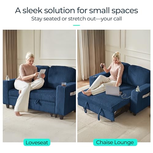 Image of LINSY HOME Loveseat Sofa with Pull Out Couch Chaise: 2-in-1 Convertible 2 Seater Sofa with USB Charging & Cup Holders, Comfy Plush Corduroy Love Seat for Small Spaces Living Room Apartment, Blue