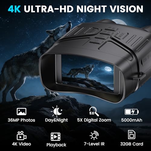 Image of Night Vision Goggles for Adults, 4K Night Vision Binoculars with 5000mAh Rechargeable Battery and 32GB TF Card for Hunting, Wildlife Observation and Security