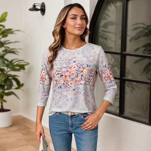 Womens Casual 3/4 Sleeve T-Shirts Round Neck Print Tops Trendy Loose Fit Three Quarter Length Blouses2