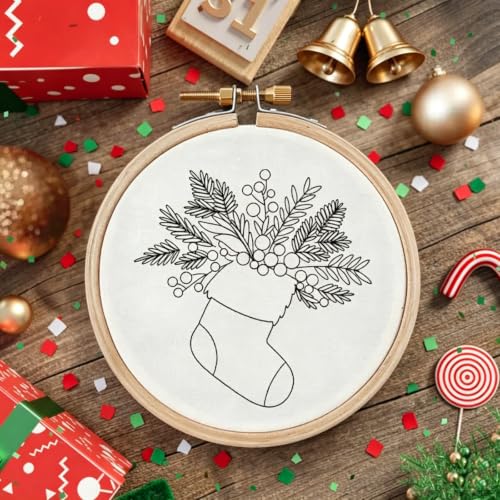 Image of Christmas Embroidery Kits for Adults, Beginner DIY Embroidery Starter Kit | Christmas Embroidery Kit for Beginners, Stockings Pattern, Cotton Threads, Needles, Instruction, 20cm Hoop
