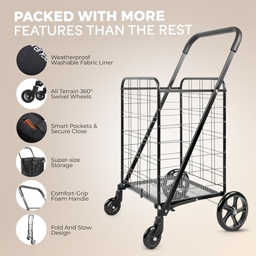 Image of SereneLife Folding Shopping Cart, Heavy Duty, Portable Grocery Trolley