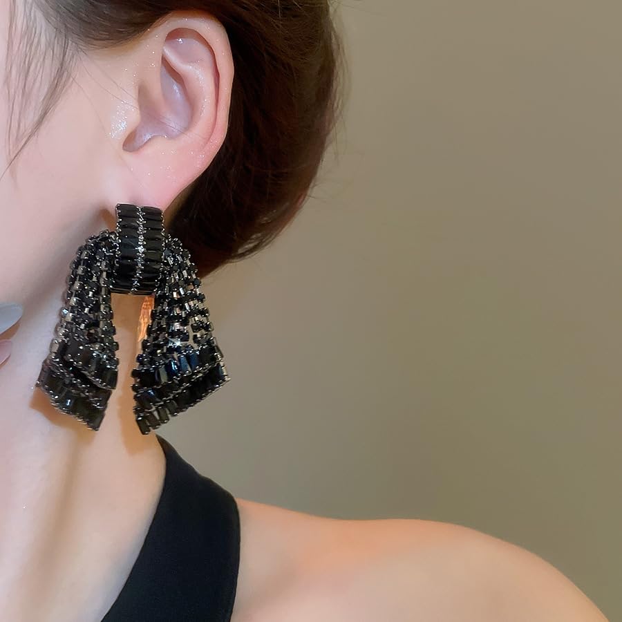 Missgrace Women Silver Hypoallergenic Rhinestone Earrings Dangling Sparkly Black Dangle Earrings Bow Chandelier Earrings Tassel Large Studs Crystal Statement Earrings for Women (Black)