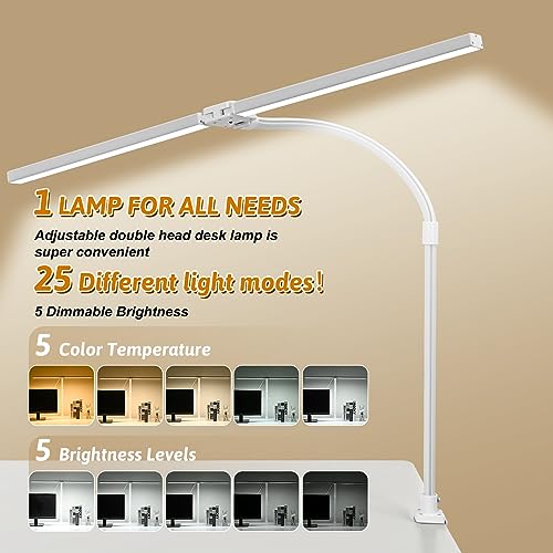 Image of LED Desk Lamp for Office Dorm Home - Eye Caring Desk Light with Timer, Remote Control 24W Brightest Dual Screen Computer Monitor Gooseneck Dimmable Table lamp with Anti-Glare Cover Clamp & Base