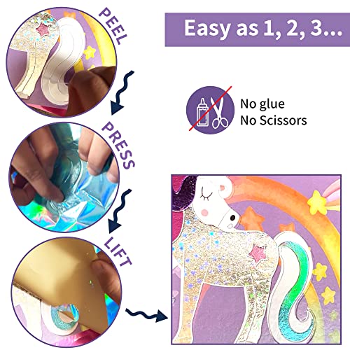 Chalk and Chuckles Art and Craft Kit, Fabulous Foil Art, for Girls, Boys Age 4-9 Year, Create 12 Magical World Theme Pictures -Princess, Unicorn Toys, Mess-Free Sticker for Kids, Paper, Multicolor