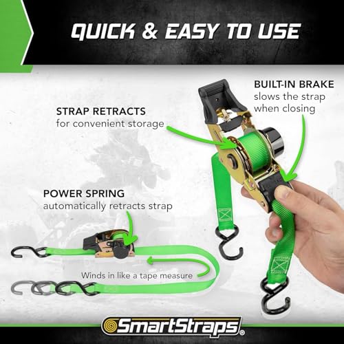Image of SMARTSTRAPS Retractable Ratchet Tie Down Straps (4 PK) 1,500lb Break Strength, 500lb Safe Work Load, Standard Duty, Secure and Haul ATVs, Lawn Tractors, Cargo, Boxes and Other Small Equipment