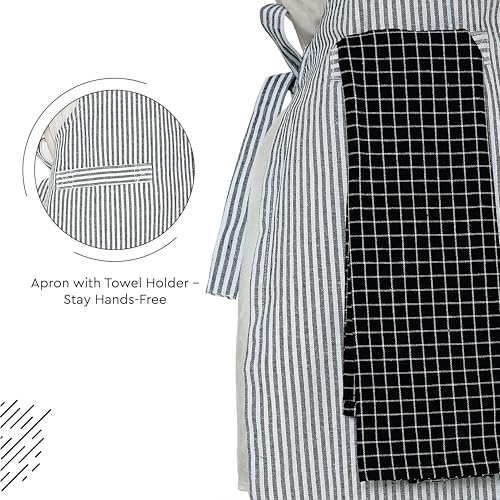 Image of Encasa XO Cotton Cooking kitchen Apron for Women and Men chef apron With adjustable neckstrap, Pocket & Towel Holder for Easy cooking, Baking, BBQ, Gardening- Ticking Navy Blue, 68x85 cm