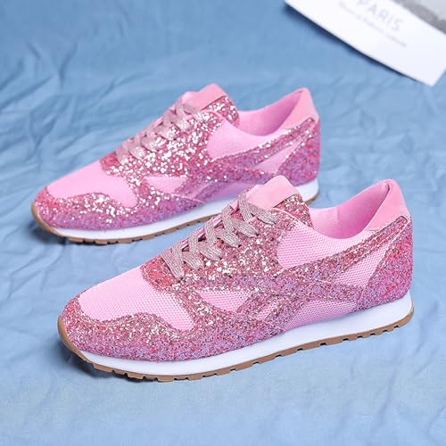 Women's Glitter Sneakers Lace up Casual Flat Sparkle Outdoor Non-Slip Leisure Walking Shoes4