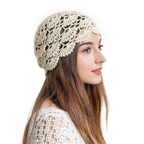ZLYC   Gorro de Ganchillo de algodón para Mujer, Tejido a Mano con Calado Floral, Beige Liso, Talla única