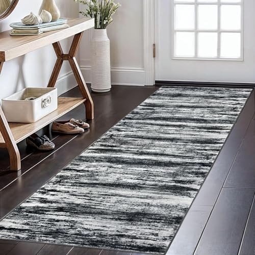 KOZYFLY Modern Abstract Kitchen Runner Rug, 2x6 Washable Rug Runner Non-Slip Soft Striped Hallway Runner Rugs, Black Navy Blue Grey Carpet Runner for Entryway Bathroom Laundry Room Foyer