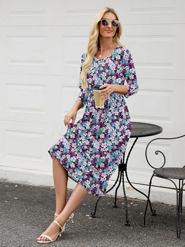 Image of Heymoments Women's Casual 3 /4 Sleeve Midi Dress Crewneck A Line Tiered Flowy Loose Travel Long Dresses with Pockets