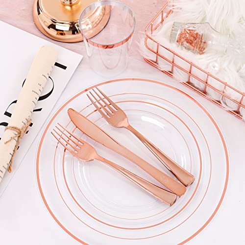 I00000 25Guest Rose Gold Plates With Disposable Silverware, Disposable Dinnerware Includes 25 Dinner Plates 10.25", 25 Salad Plates 7.5", 25 Tumblers, 25 Forks, 25 Knives, 25 Spoons For Party #TOP5