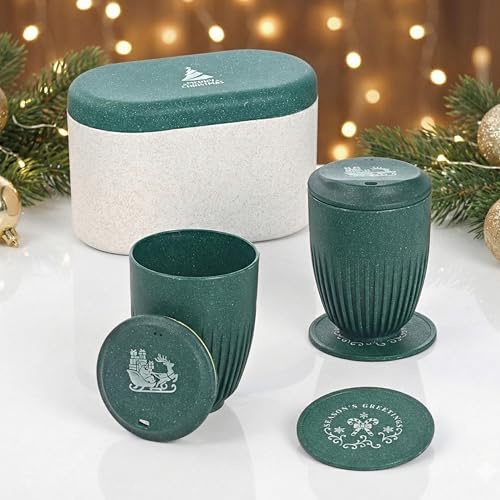 Image of Eha Earth-Friendly Christmas Gifts for Friends and Family | Secret Santa Gifts | Made with Rice Husk | Printed Christmas Mug and Coasters Set of 2, Keychain & Loopac Box | 360 ml | Fern