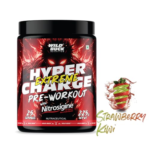 Image of Wild Buck Hyper Charge Extreme Pre-Workout with Nitrosigine - High Stim Energy, Pump, Strength & Focus | Energy Drink with- Beta-Alanine, L-Citrulline, Creatine, Caffeine, L-Theanine - Nitric Oxide Booster | Physical Performance for Gym or Sports [225g - 25 Servings, Strawberry Kiwi]