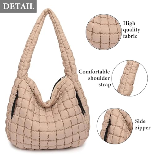 Image of Puffer Tote Bag for Women Large Quilted Tote Bag with Zipper Nylon Lightweight Hobo Handbag Padding Shoulder Purse (Khaki)