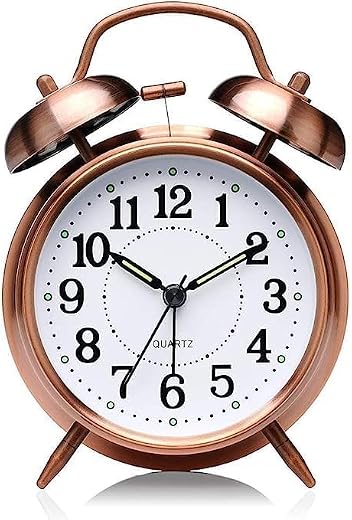 SKYLACE Vintage Brass Twin Bell Table Top Alarm Clock with LED Night Light Display - Ideal for Bedroom, Heavy Sleepers, Ad...