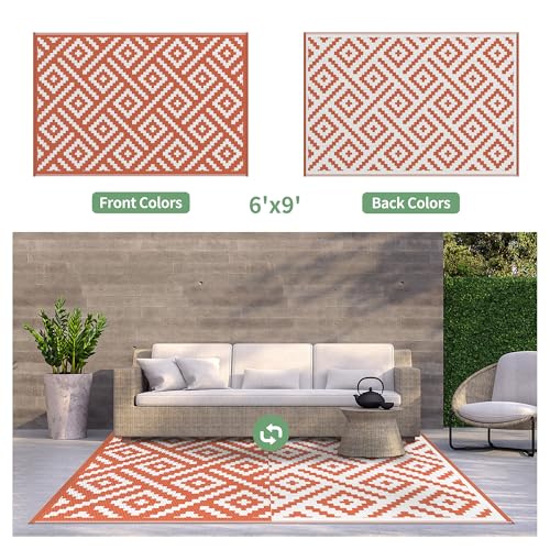 Image of GENIMO Fall Decor Outdoor Rug, Plastic Rugs for Patio, 6'x9' Orange White