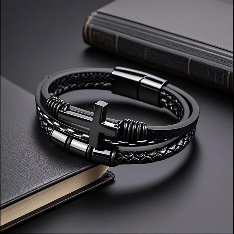 Multi-Layer Braided Leather Bracelets Mens Cross Leather Bracelet Wristband Religious Leather Bracelets Men Customized Gifts - Image 4