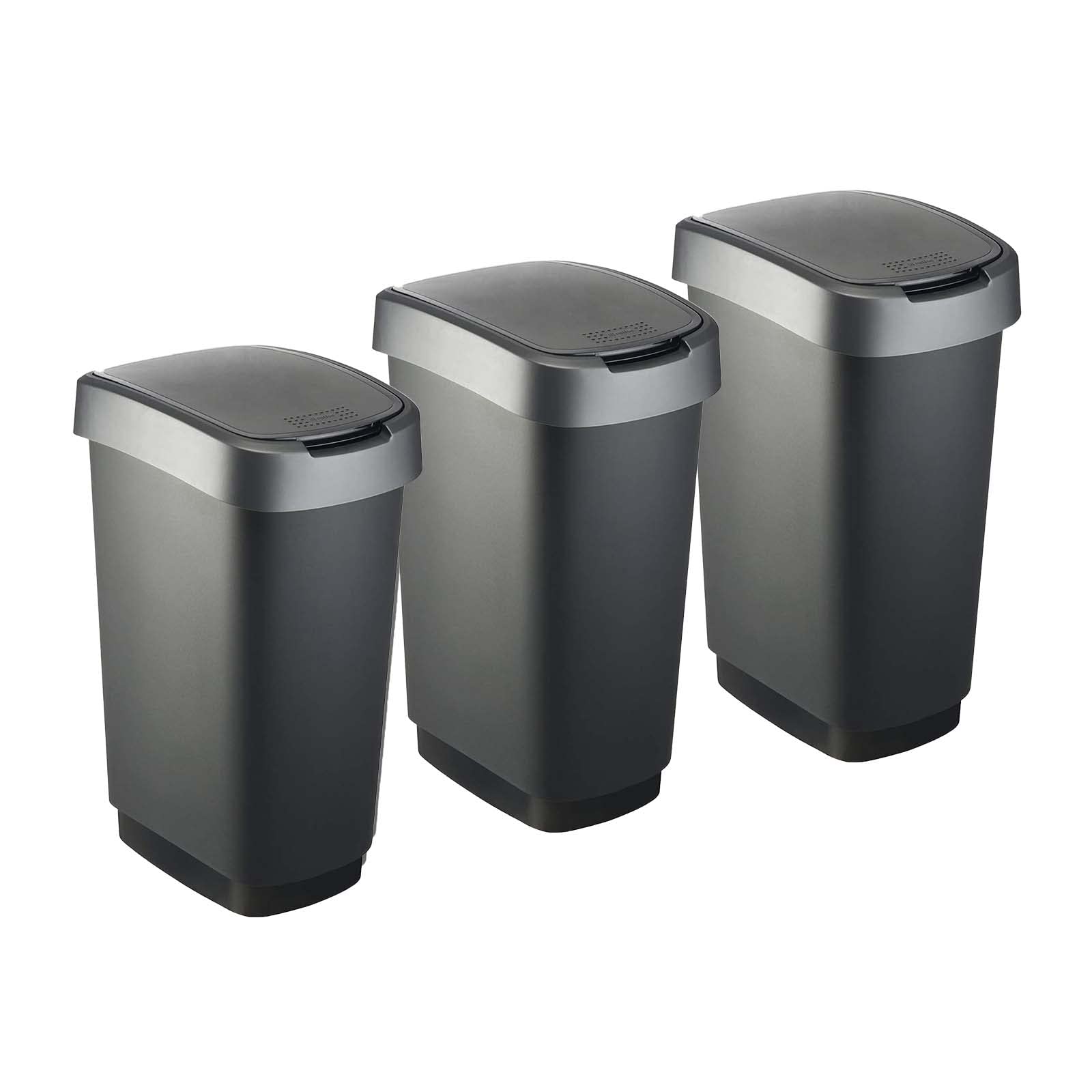 Rotho Twist Mülleimer Küche 3er-Set je 50 L mit Deckel Schwarz/Anthrazit