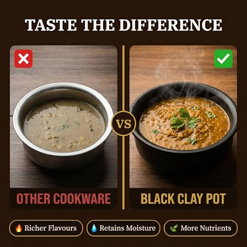 Image of Black Clay Pot for Cooking with Lid | Mitti ka Bartan for Healthy Cooking | Clay Handi | Earthen Kadai | Traditional Handmade Terracotta Cookware for Serving | Natural and Organic 1.5 L
