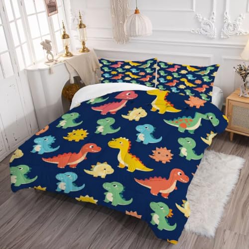 Image of Cartoon Dinosaur Comforter Set for Boys Colorful Twin Bedding Set | Navy Blue Cute Colorful Dino Floral Print Bedding Set for Kids Girls, Washable Soft Bed Set with 1 Comforter 1 Pillowcase