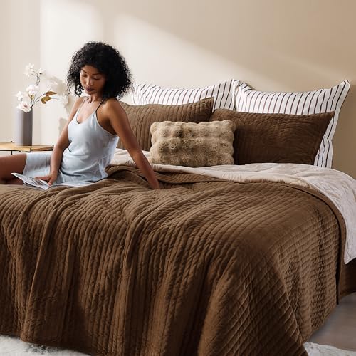 Image of Wonderful Velvet Quilt Set, Queen Cocoa Brown Soft Fluff Texture Coverlet with Shams, Channel Stitched Pattern, All-Season Use, Versatile Lightweight Bedspread for Bedroom Adults Teens Kids,94 inchx94 inch