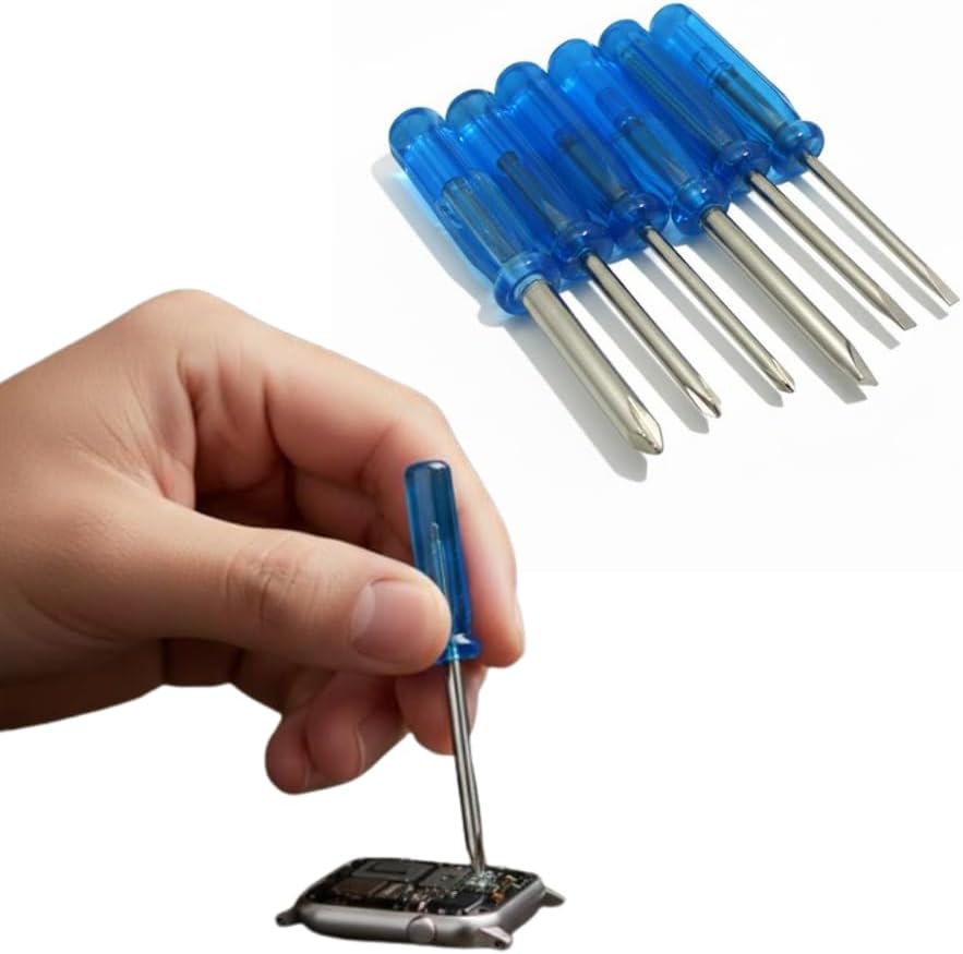 Gadgetime USA Mini Screwdriver Set, Pack of 6, Cross and Flat Tip Sizes 3 mm 2 mm 1.6 mm, Repair Tools with Anti-Slip Blue Handle for Eyeglasses, Watches, Laptops, Cameras, Toys, DIY Projects