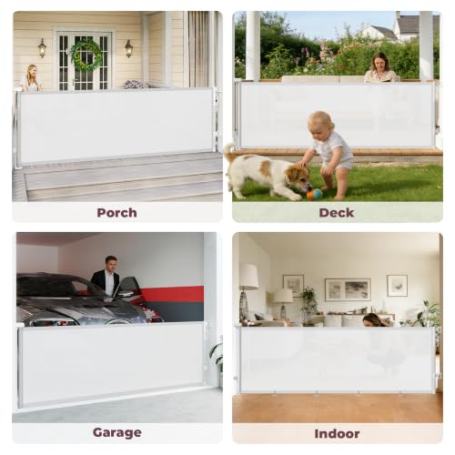 Image of 96 inch Retractable Baby Gate, Long Mesh Dog Gate for Garage Deck Porch | Strong Suction Disc Prevent Crawling Under, 34 inch Tall Child Safety Gate for Large Openings, Indoor Outdoor Use, White