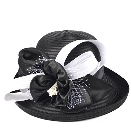 Women Derby Church Dress Hat Wide Brim Leaf Flower Bridal Shower Hat (Satin-Black/White) #TOP1
