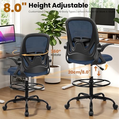 Image of Primy Drafting Chair Tall Office Chair with Flip-up Armrests Executive Ergonomic Computer Standing Desk Chair with Lumbar Support and Adjustable Footrest Ring (Navy)