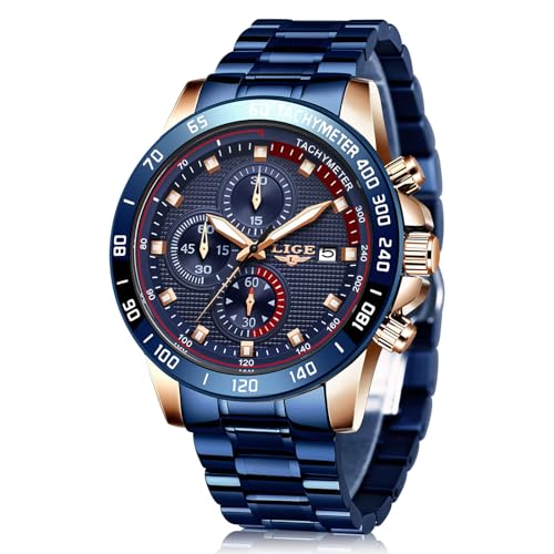 LIGE Montre Homme chronographe Sport Militaire Montre étanche analogique Quartz Montre Gentleman Montre en Acier Inoxydable Montre Date Montre décontractée...