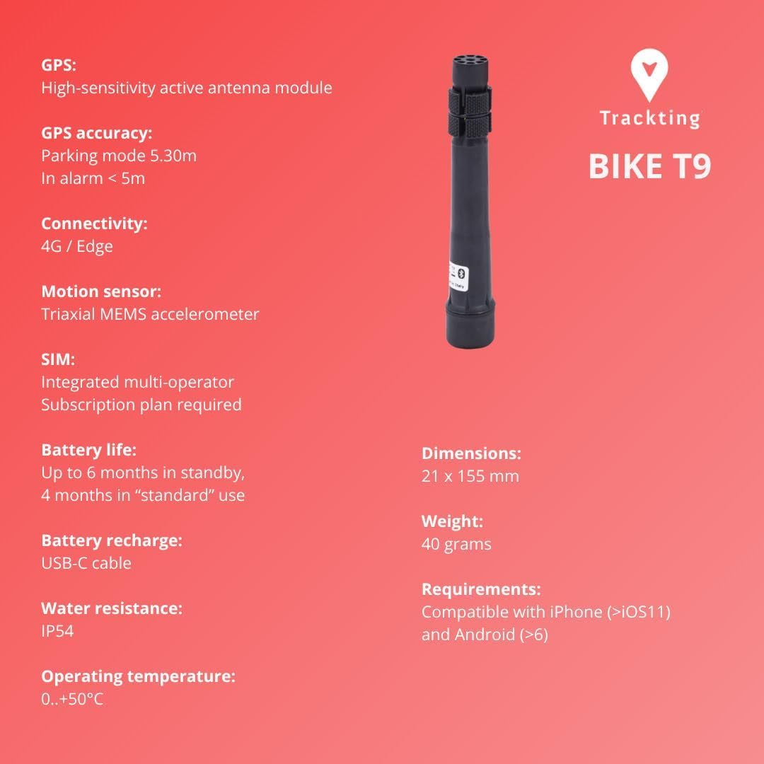 Trackting Bike T9 – Dispositif GPS Antivol pour VTT & E-Bikes avec Carte SIM Intégrée (4G/2G) – Abonnement Requis | Traceur GPS Vélo | Appel D’Alerte Vol, Suivi en Direct, Longue Autonomie