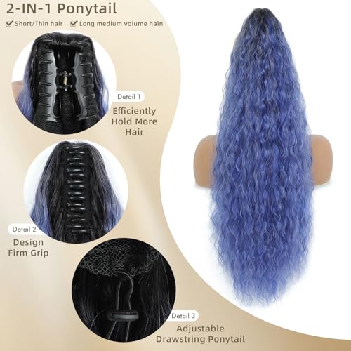 Image of Claw Clip Ponytail Extension 26In Wavy Curly Hair,Ombre Haze Blue