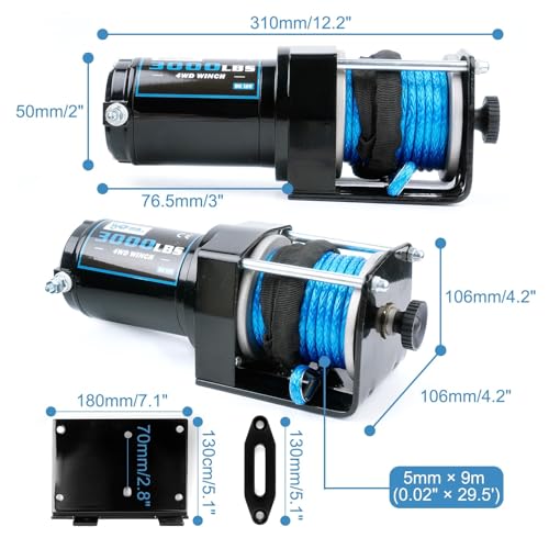 3000 lb Electric Winch, 12V DC ATV/UTV Trailer Boat Winch Kit for Towing Off Road, Synthetic Rope Aluminum Hawse Fairlead Remote Control