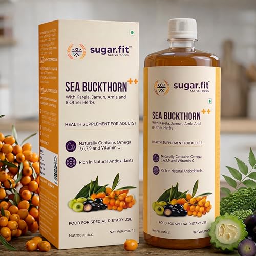 Image of Sugar.fit Himalayan Sea Buckthorn Juice 1000ml | Cold Pressed Seabuckthorn Berry Pulp with 14 Herbs - Amla, Karela, Jamun | Natural Vitamin C, Omega 3 6 7 9 | Immunity, Skin Glow & Gut Health