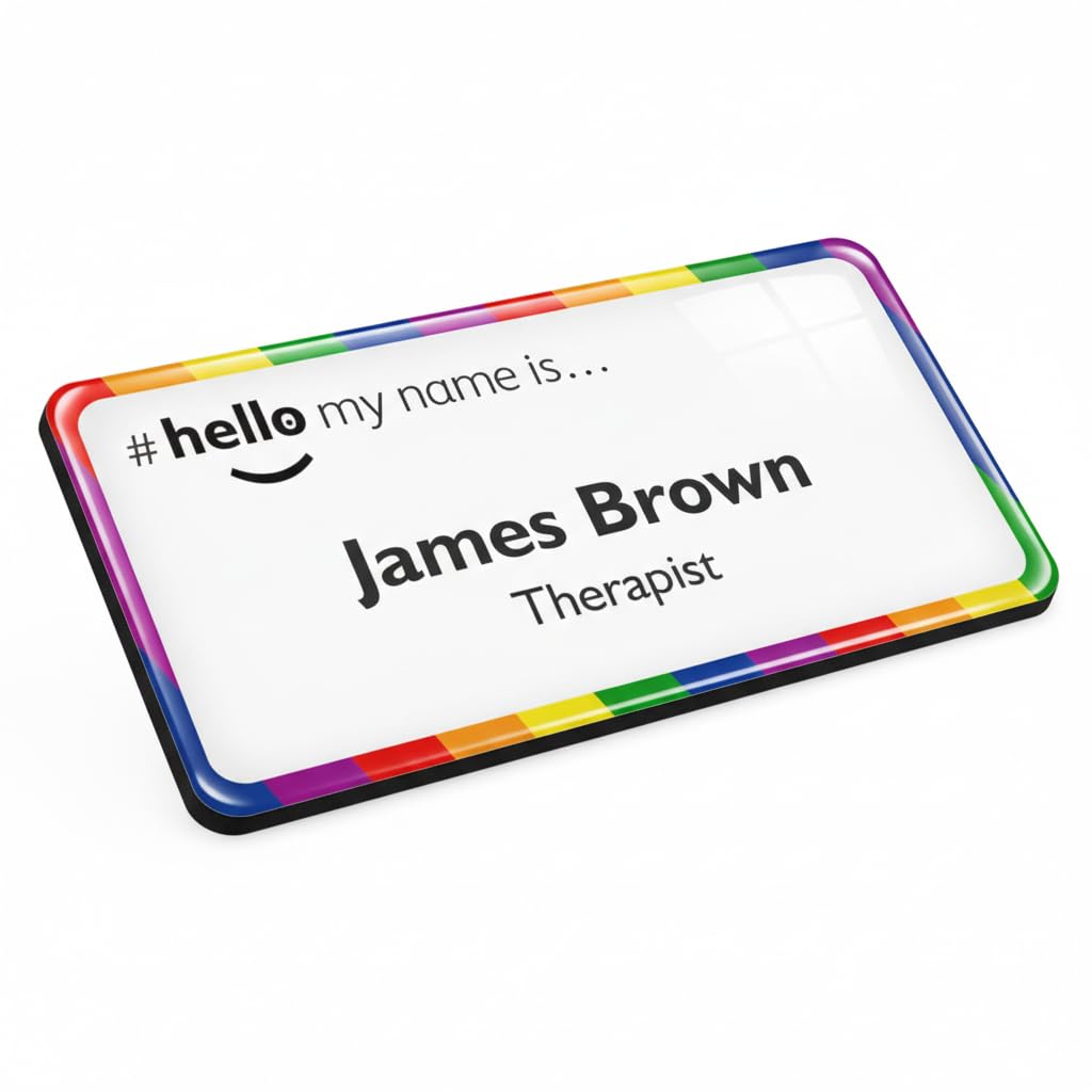 Badgemaster Rainbow Border Hello My Name is Logo White Badge Premium Domed White Black 76 x 38mm Doctor Student Nurse Clinical Practitioner Healthcare Assistant Medical Staff GP