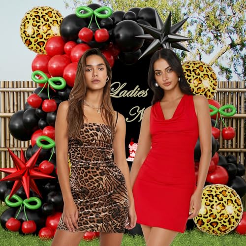 Image of JOGAMS 182Pcs Leopard Cheetah Print Betty Party Decorations, Red and Black Balloon Arch Kit with Star Cheetah Print Foil Green 260 Balloons for Bachelorette Birthday Baby Shower Vintage Retro Party
