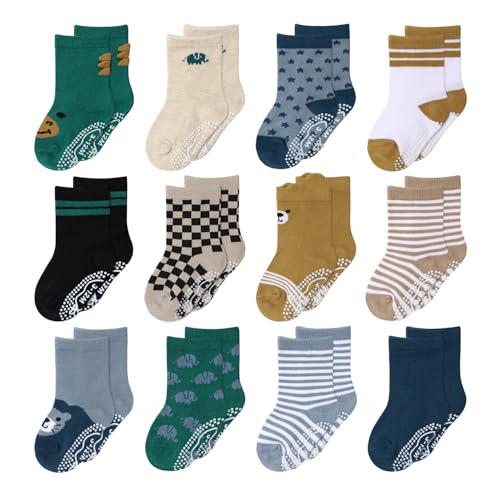 The Peanutshell Organic Baby Boy Socks for 3-12, 12-24 Months - Non-Slip Grip, Soft and Breathable 100% Cotton Baby Crew Socks - All Day Comfortable Design, Toddler Baby Socks - Bold